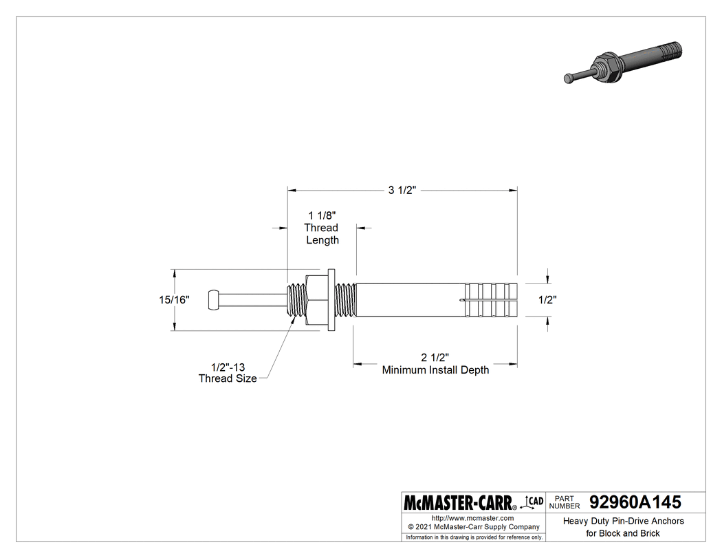 Technical Drawing of Vibration-Resistant Drive Anchors for Block and Brick, 1/2" Diameter, 3-1/2" Long.